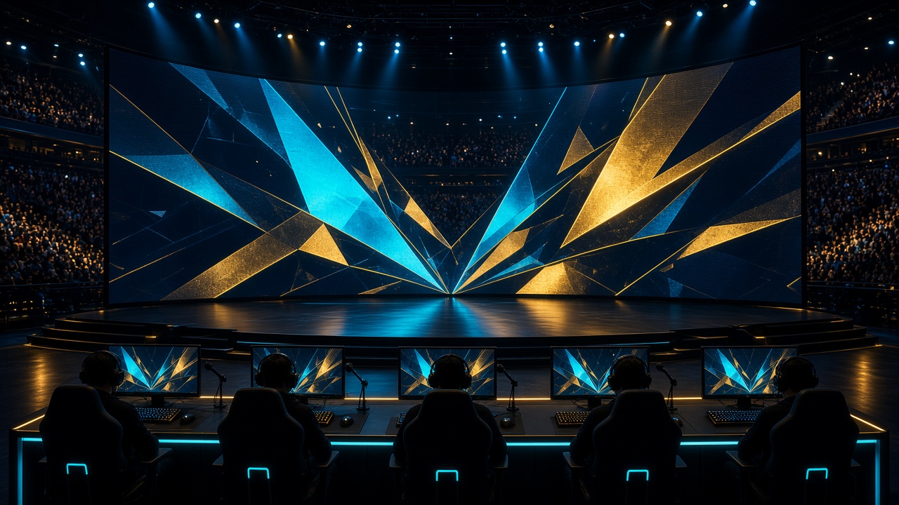 Championship esports stage with players seated under arena lights