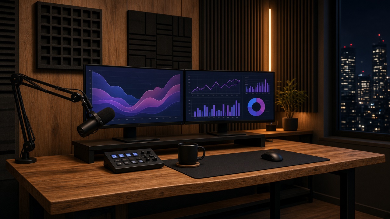 Analyst desk with monitors and a microphone