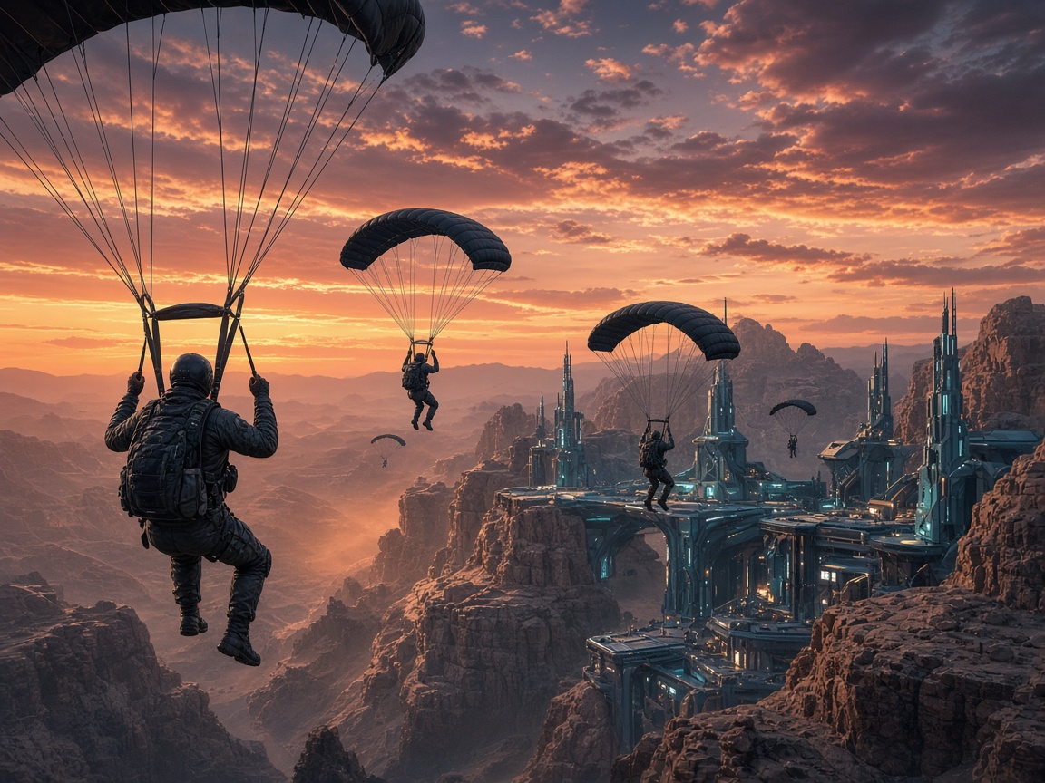 Drop toward a canyon outpost at dusk