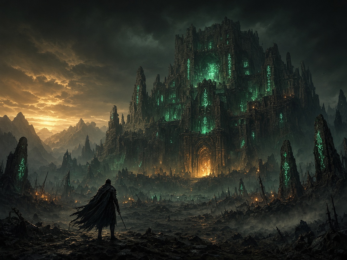 Dusk battlefield in front of a stone fortress