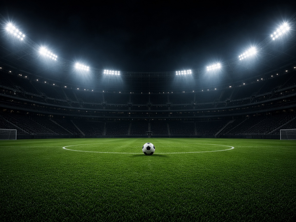 Floodlit football pitch with the ball on the centre circle
