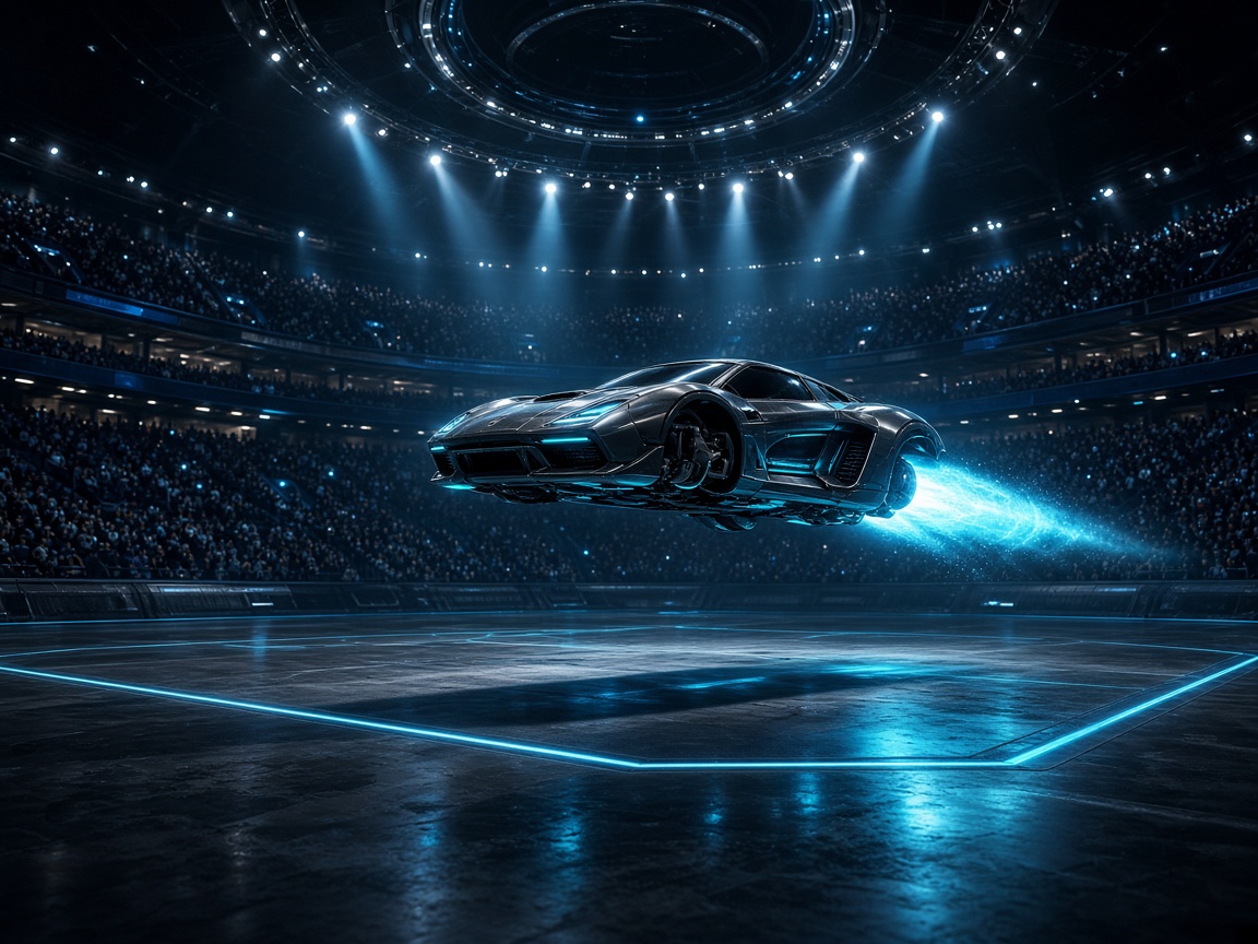 Arena car above a glowing competitive pitch