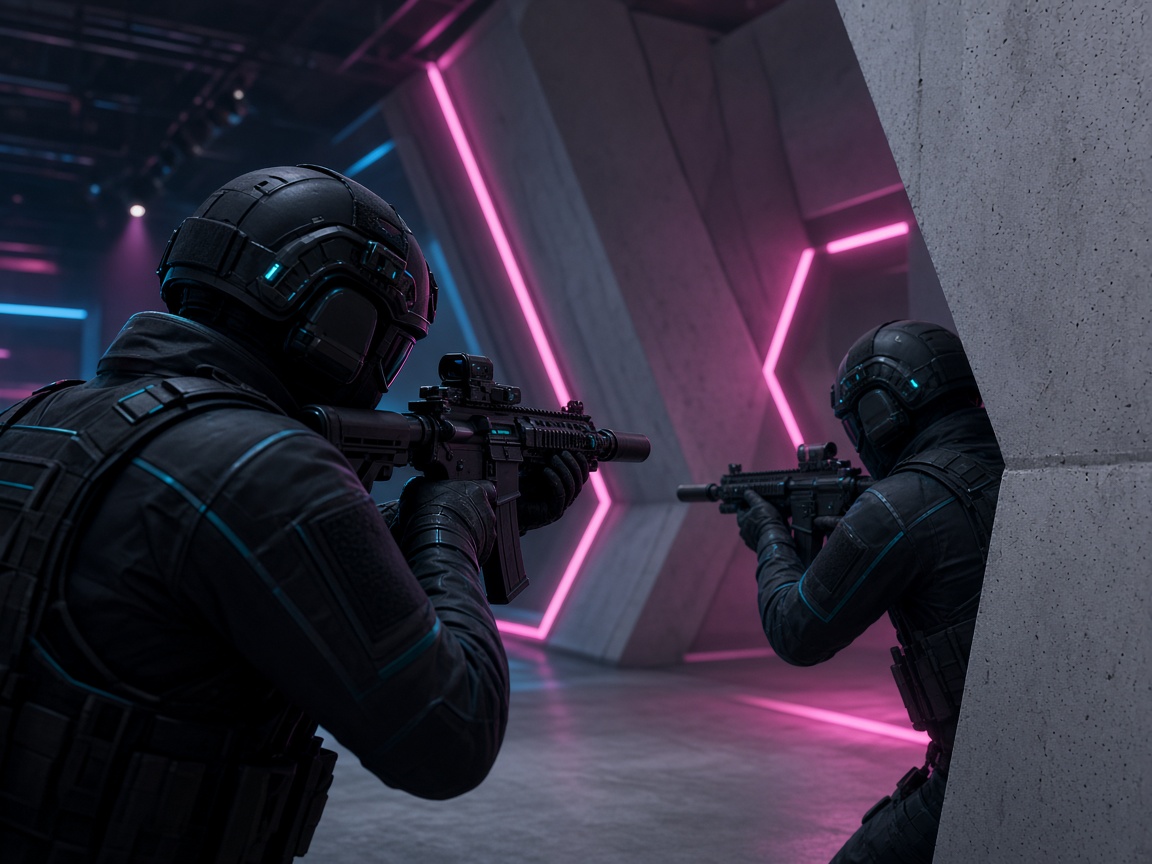 Tactical duel in a neon interior